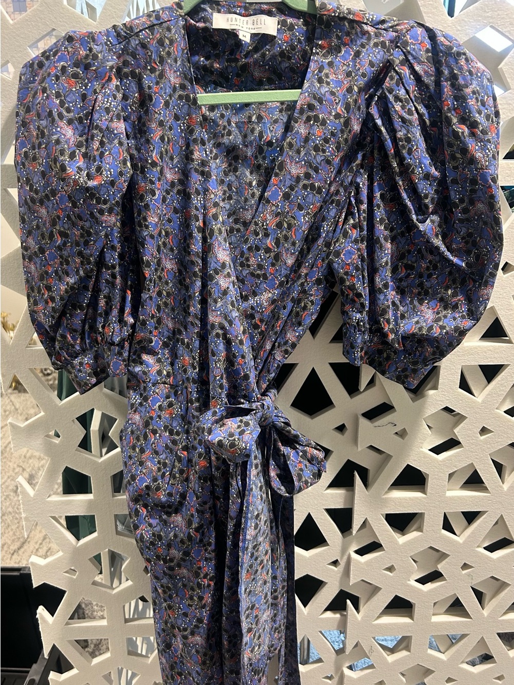 HUNTER BELL Navy Blue Floral Wrap Mini Dress with Puff Sleeves